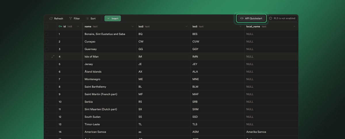 API docs in the table editor